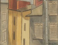Continental School, (mid 20th Century) A view of a high-rise building, crayon and watercolour,