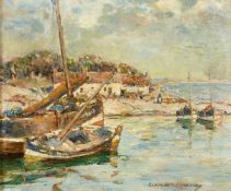 Gertrude Mary Coventry (1886-1964) Scottish, A coastal scene with boats and figures beyond, oil on