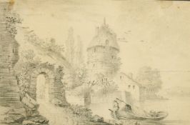 Attributed to Isaac Landmann (1741-1826) A riverside view, pencil, indistinctly signed and dated,