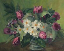 J. Rockingham (20th Century) A still life of Spring flowers, tulips and daffodils, oil on board,