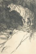 Lucille Douglas, A tiger roaring, etching (greeting card), signed, overall size 8.25