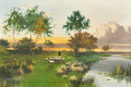 19th Century English School, with monogram V. W. A shepherd and his flock by a river, oil on canvas,