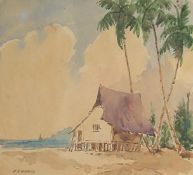 Abu Bakar Ibrahim (1925-1977) Malaysian, A dwelling on the beach with palm trees, Malaya,