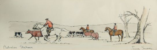 Jenny Sanders, 'Australian stockmen', ink and watercolour, signed and inscribed, 4.75