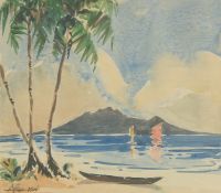 20th Century Malaysian School, Three watercolours, A hut on the beach Malaya, 9.5