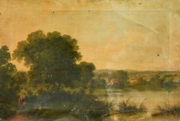 19th Century English School, a female figure walking by a river with cottages beyond, oil on canvas,