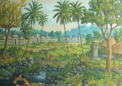Indonesian School, Circa 1985, a scene of villagers bathing in a river, oil on canvas,