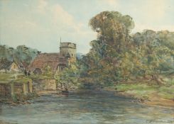 Charles Brooke Branwhite (1851-1929) British, a figure in a punt by a church, watercolour, signed,