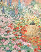 Loes Agoust (20th Century) 'The good neighbours hive', a garden in bloom with a hive, oil, inscribed