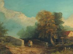 19th Century English School, figures by a bridge, oil on canvas, 9.25