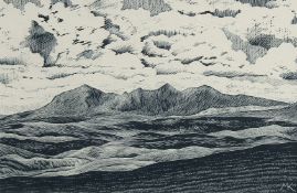 Mary King, A mountain view with clouds, scraperboard, initialled, 4.75