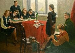 20th Century Russian School, Young figures before a committee with a military official in
