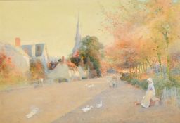 Thomas MacKay (1851-1909) British, 'Walkers, Harrogate', female figures with geese on a village