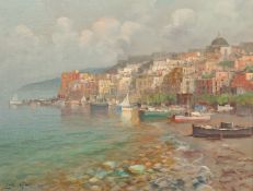 Vincenzo Laricchia (20th Century) Italian, boats moored in a bay, oil on canvas, signed, 11.75