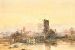 British School (19th Century) An extensive landscape with windmills and a distant town, watercolour,