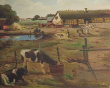 V. Bitkholm circa 1930, A busy homestead scene with cows and chickens, oil on canvas, signed, 15.75
