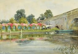 May E. Walter (19th/20th Century) British, swans gathered by formal garden on the Thames,