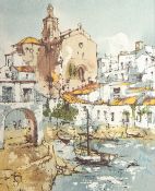 Bernard Dufour (1922-2016) French, Moored boats on the edge of a village, acrylic on canvas, signed,