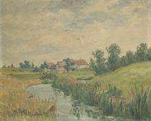 Pfaff (20th Century), A large dwelling in a landscape with a stream, oil on canvas, signed inscribed
