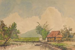 M. Sibik (20th Century Malaysian School), A hut next to rice fields with a mountain beyond,