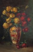 Continental School circa 1900, a still life of red and yellow flowers in a vase, oil on panel,