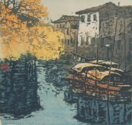 A river scene, a Chinese colour woodblock print, numbered 29/200 and signed in pencil, 8