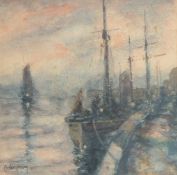 Gordon Crosby, a watercolour of fishing vessels moored along a quay, signed, 7.5