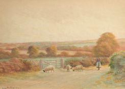 George Oysten (1861-1937) 'Near Dorking, Surrey', a country lane with figures and sheep,