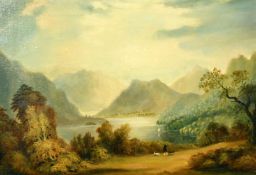 Attributed to William Mitchell of Maryport, A gentleman and his dogs walking by a lake with a