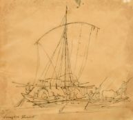 Follower of George Chinnery, two studies of sailing boats, Dhows, pen and ink, one inscribed,