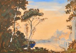 Circle of Felix Kelly (c.1950's) a classical set design, landscape with classical buildings,