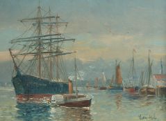Early 20th Century Continental School, A tall ship and other sailing boats in a harbour, oil on