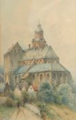 Late 19th/early 20th Century, A large stone church with a figure on a path, watercolour,