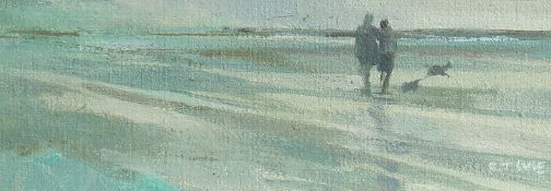 Cilla Ritchie (20/21st Century) A couple walking along a shore with dogs, oil on board, signed, 3.5