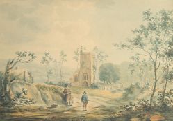 Emily Sabine, Circa 1799, wayfarers resting by a church, watercolour, signed and dated, 8.25