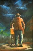 Oscar Tirelli, Italian School, Circa 1979, 'Il Rigattiere', a man pushing a cart along a street, oil
