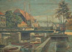 20th Century Scandinavian School, circa 1920, A canal scene with a bridge, buildings and moored