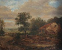 19th Century English School, A rural landscape with a dwelling by a pond and figure by a fence,