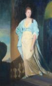 20th Century, A full length portrait of a lady standing on steps, oil on board, indistinctly signed,