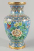A GOOD LARGE CHINESE BLUE GROUND CLOISONNE VASE, decorated with flowers, birds and butterflies,