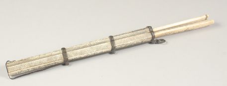 A CHINESE BONE TRAVELLING TROUSSE KNIFE AND CHOPSTICK SET, with penwork decoration to the sheath and