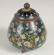 A JAPANESE CLOISONNE KORO, with openwork lid and floral finial, decorated with colourful flower head