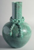 A GOOD CHINESE ROBINS EGG GLAZE VASE, with moulded rope around the neck, the base with six-character