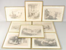 A COLLECTION OF EIGHT LEBANESE LITHOGRAPH PRINTS, of various scenes with buildings and landscapes,