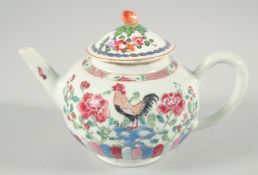AN 18TH/19TH CENTURY CHINESE FAMILLE ROSE PORCELAIN TEAPOT, painted with a cockerel and flowers,