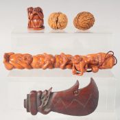 THREE WOODEN CARVINGS, together with two walnut carvings, (5).