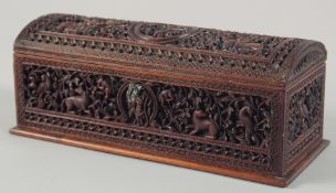 A VERY FINE 19TH CENTURY INDIAN MYSORE CARVED SANDALWOOD BOX, including original key, beautifully