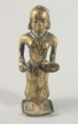 A RARE 17TH CENTURY MUGHAL INDIAN HOLLOWED BRONZE FIGURE of a female warrior, 13.5cm high.