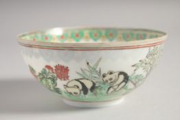 A CHINESE EGGSHELL PORCELAIN PANDA BOWL, the exterior painted with a continuous scene with pandas,