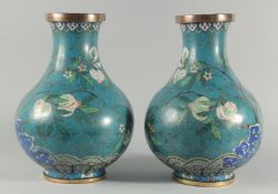 A FINE PAIR OF LARGE CHINESE BLUE GROUND CLOISONNE VASES, decorated with peach blossom above a